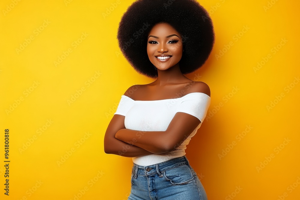 A beautiful girl with perming hair and a stylish shirt holding her arms folded in front of a vibrant yellow background A beautiful girl with perming hair and a stylish shirt holding her arms folded in front of a vibrant yellow background