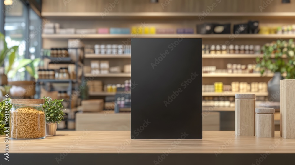 Pet store scene with a black sandwich board near the entrance, shelves filled with pet supplies and beds. Empty sandwich board Pet store scene with a black sandwich board near the entrance, shelves filled with pet supplies and beds. Empty sandwich board