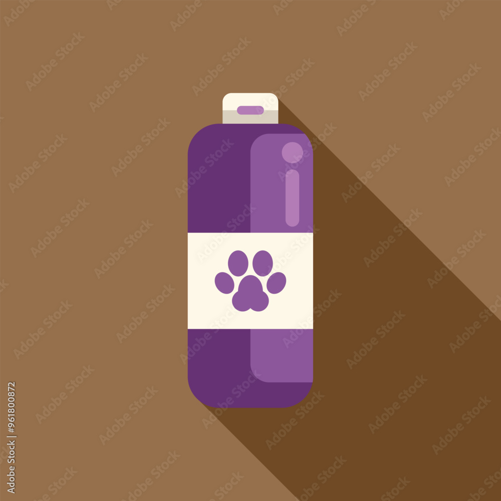 Purple plastic bottle with dog paw print label, for shampoo or other hygiene and care product for pets, long shadow design Purple plastic bottle with dog paw print label, for shampoo or other hygiene and care product for pets, long shadow design