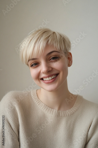 A blonde woman smiling and looking at the camera