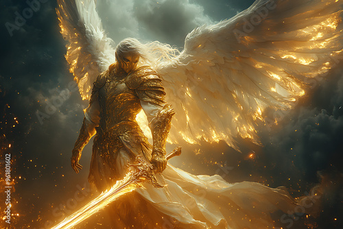 Majestic angel with outstretched white wings and golden battle armor, wielding a fiery sword against a backdrop of dark storm clouds.
