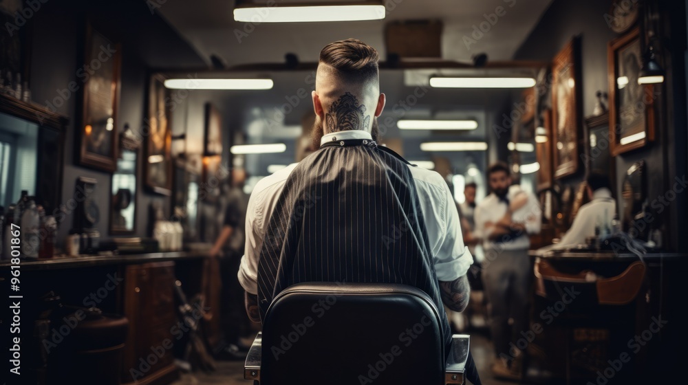 Back view of man sitting in barbershop chair. Neural network ai generated art Back view of man sitting in barbershop chair. Neural network ai generated art