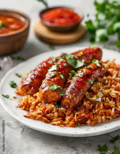 plate chicken and rice with side sauce