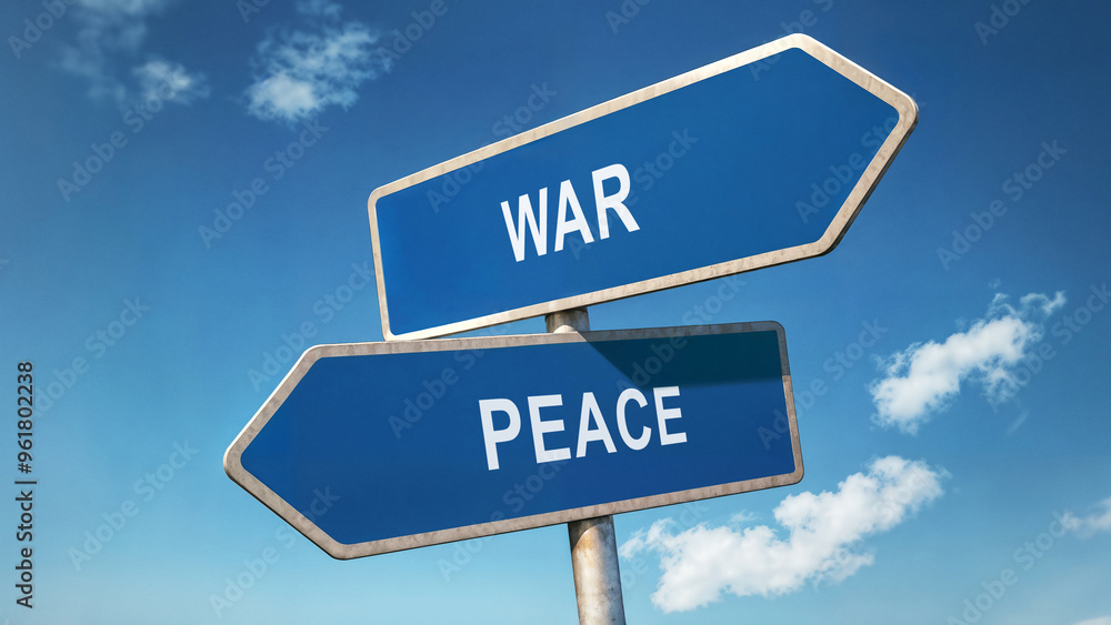Two directional road signs with war and peace options, symbolic crossroads under a clear blue sky, decision-making concept, representing conflict resolution and the choice between violence and harmony Two directional road signs with war and peace options, symbolic crossroads under a clear blue sky, decision-making concept, representing conflict resolution and the choice between violence and harmony