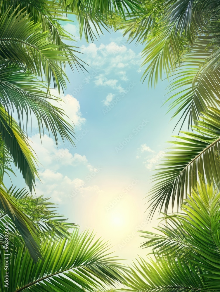 frame formed from a group of palm trees on a bright sky background, design for posters, banners, advertising, cards frame formed from a group of palm trees on a bright sky background, design for posters, banners, advertising, cards