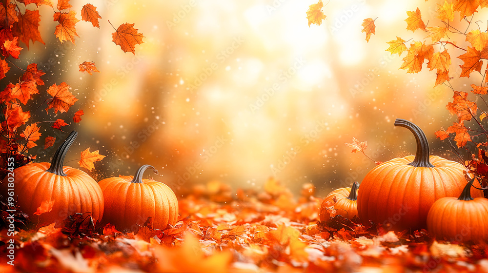 Pumpkins in the park in autumn with colorful leaves background for Halloween and Thanksgiving promotion Pumpkins in the park in autumn with colorful leaves background for Halloween and Thanksgiving promotion