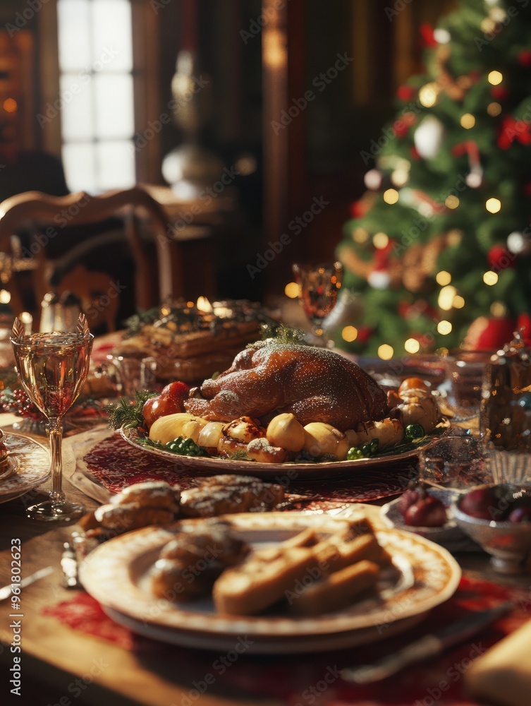 Generative AI - A table served for Christmas family dinner Generative AI - A table served for Christmas family dinner