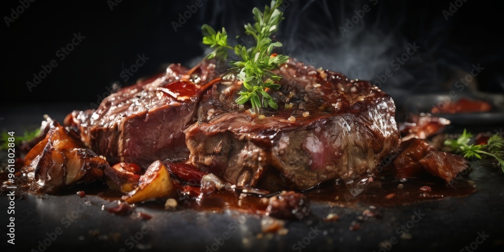 close up steak with lot sauce close up steak with lot sauce