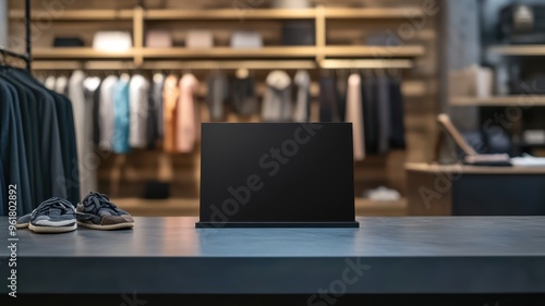 Wallpaper Mural Fashionable boutique with a black sandwich board on the counter, inviting customers to explore sales or new arrivals. Empty sandwich board Torontodigital.ca