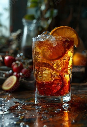 glass filled with drink and orange slices