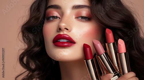 This makeup set features a range of vibrant lipstick shades, from delicate pink to bold red, to create a lusciously plump lip look. Perfect for adding a touch of glamour to any outfit. photo