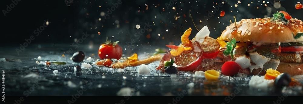 hamburger with vegetables and sauce on it hamburger with vegetables and sauce on it