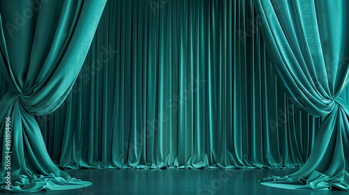 Romantic elegant turquoise teal green velvet fabric stage curtains theatrical dramatic vibe formal party backdrop backdrop background template simple minimalistic banner decor fancy romance lux chic