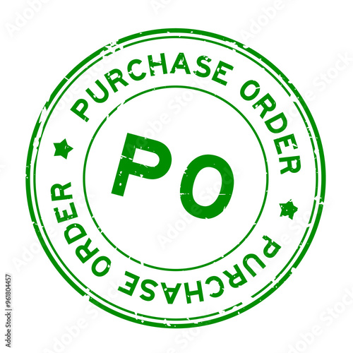 Grunge green PO purchase order word round rubber seal stamp on white background