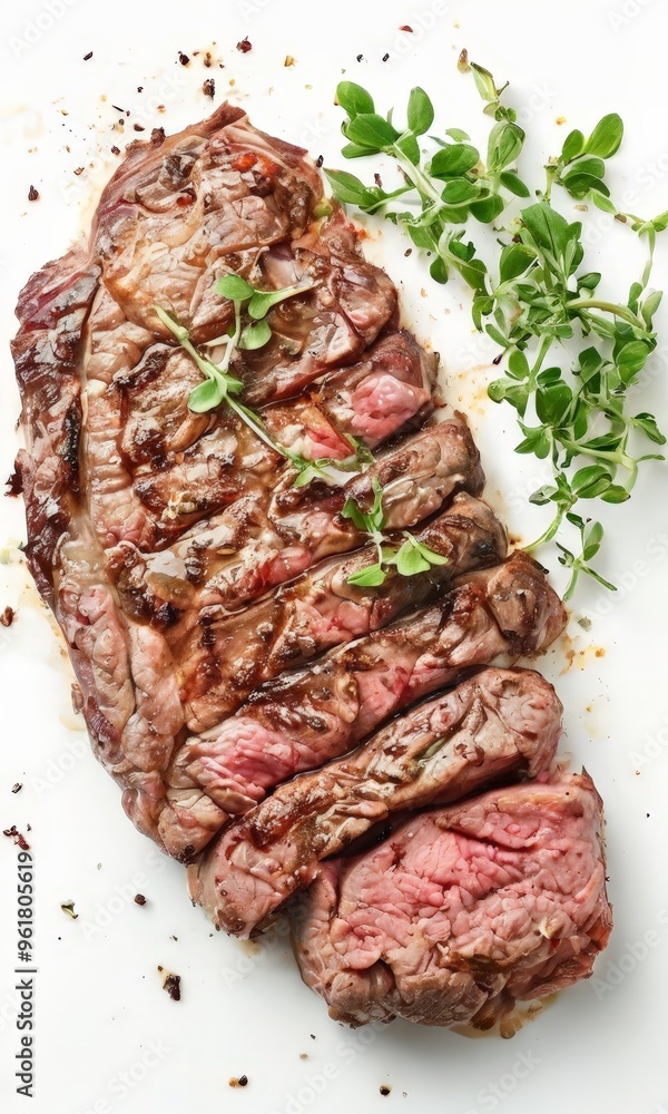 piece steak with herbs on white plate piece steak with herbs on white plate