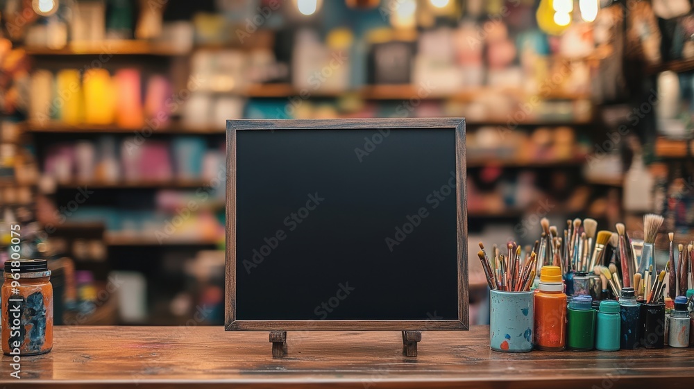 Arts and crafts store scene with a black sandwich board, lively shelves filled with paints, brushes, and craft tools. Empty sandwich board Arts and crafts store scene with a black sandwich board, lively shelves filled with paints, brushes, and craft tools. Empty sandwich board