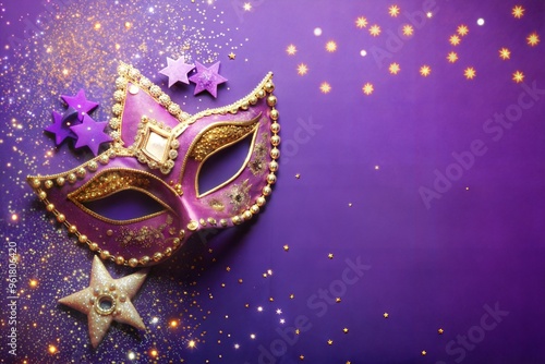 Purple venetian mask with stars on festive background sparkling glitter