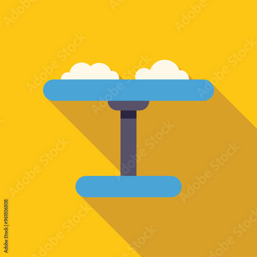 Blue and white biplane flying through the clouds with a long shadow on a yellow background