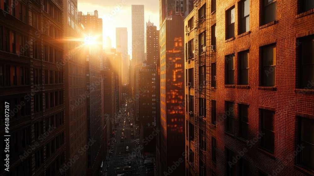 Early morning sunlight streaming through the narrow space between two high-rise buildings, casting long shadows on the city streets below. Early morning sunlight streaming through the narrow space between two high-rise buildings, casting long shadows on the city streets below.