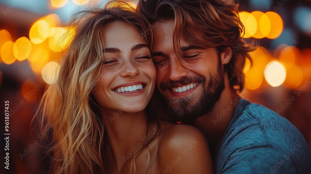 Joyful couple enjoying a romantic evening together under soft lights at a lively outdoor venue during summer Joyful couple enjoying a romantic evening together under soft lights at a lively outdoor venue during summer