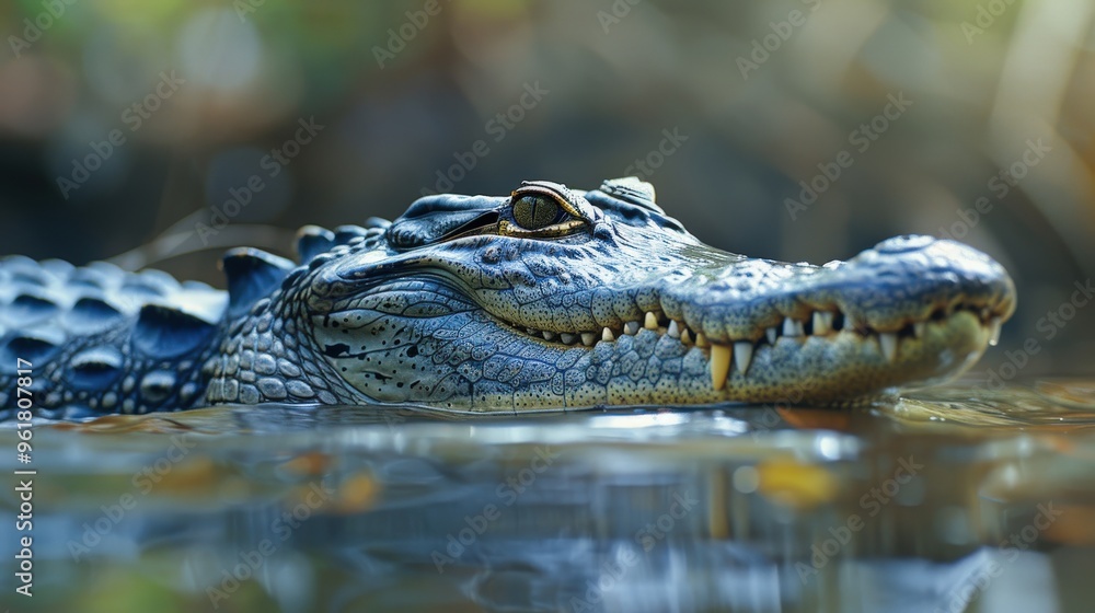 A dramatic close-up of a crocodile in its natural river habitat, showcasing its powerful jaws and textured skin, with a clean background and plenty of copy space for wildlife photography highlights. A dramatic close-up of a crocodile in its natural river habitat, showcasing its powerful jaws and textured skin, with a clean background and plenty of copy space for wildlife photography highlights.