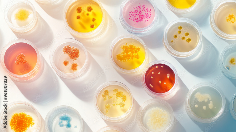 Top view of multiple petri dishes containing different fungal cultures in various colors and textures, illuminated by sunlight.
Top view of multiple petri dishes containing different fungal cultures in various colors and textures, illuminated by sunlight.