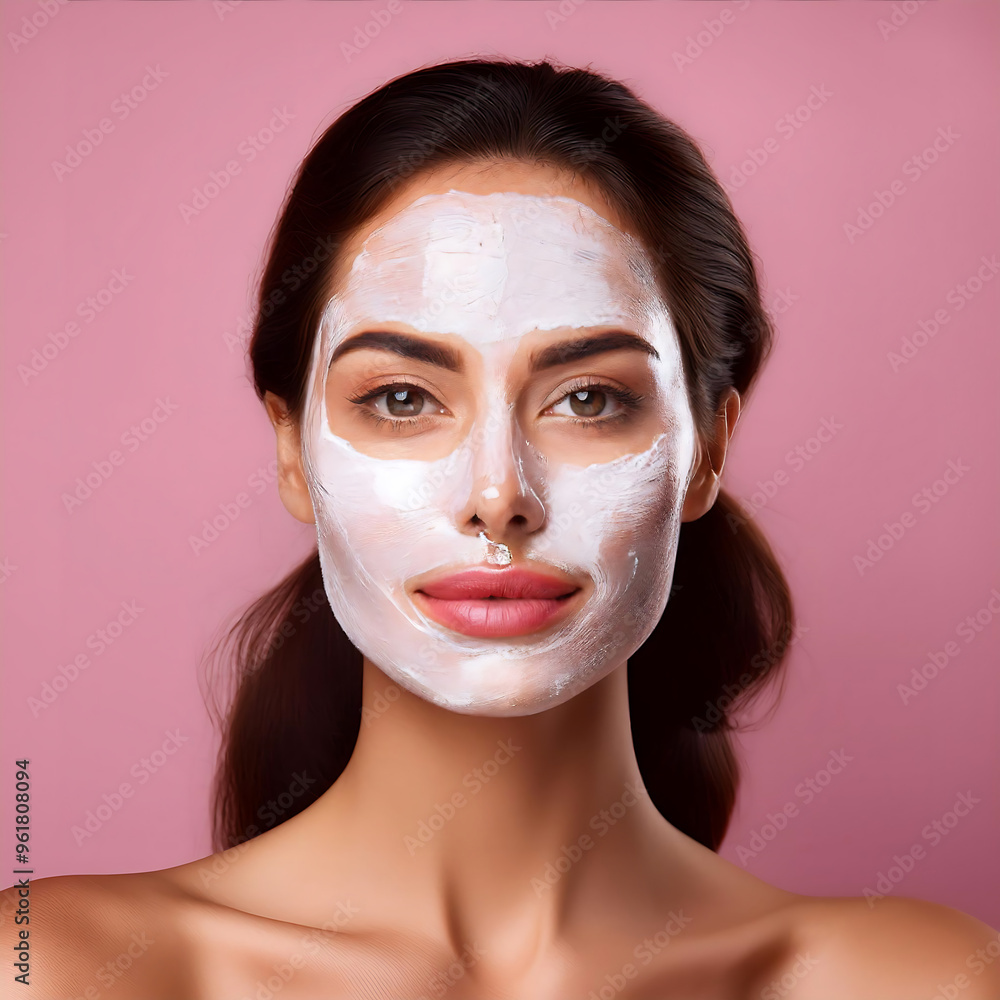 Close-up portrait of a woman with a facial mask, captured against a pink background, symbol_1(446) Close-up portrait of a woman with a facial mask, captured against a pink background, symbol_1(446)