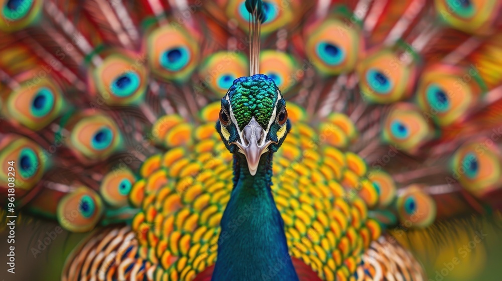 Obraz premium A close-up of a beautiful peacock displaying its vibrant tail feathers, with a clean background and plenty of copy space for information about bird species and photography tips.