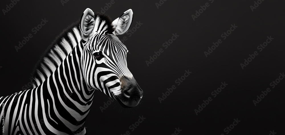 Fototapeta premium A stunning close-up of a zebra showcasing its unique black and white stripes against a dark background.