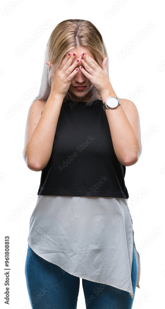 Young blonde woman over isolated background with sad expression covering face with hands while crying. Depression concept. Young blonde woman over isolated background with sad expression covering face with hands while crying. Depression concept.