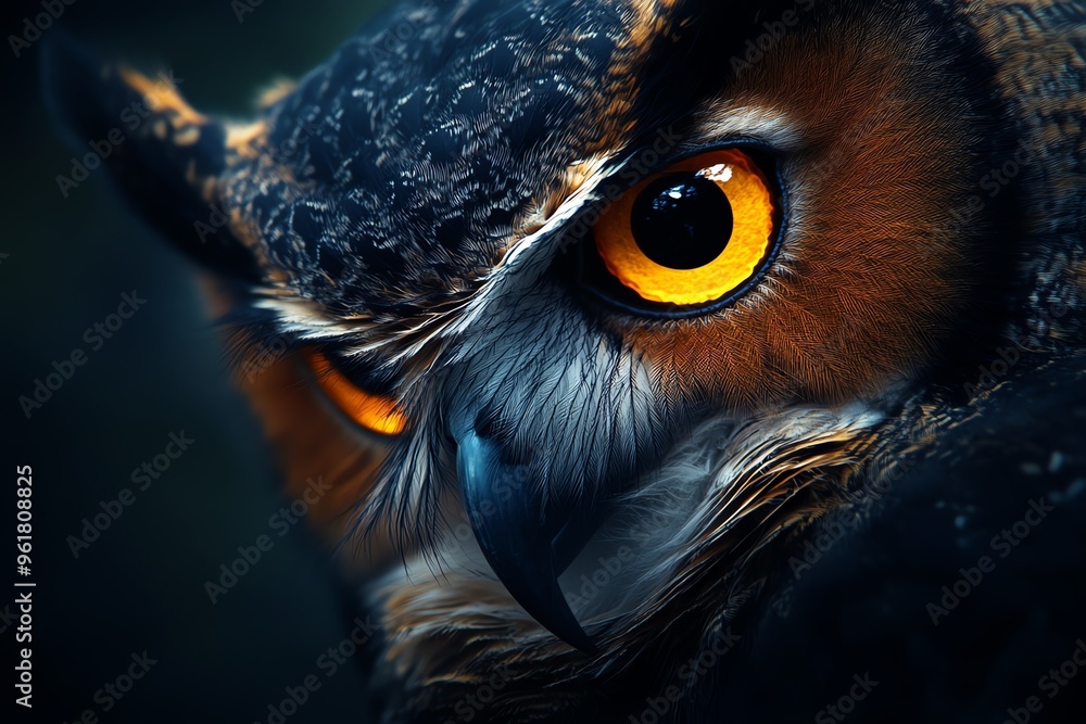 A captivating close-up of an owl showcasing its striking orange eyes and intricate feather details in a dark setting. A captivating close-up of an owl showcasing its striking orange eyes and intricate feather details in a dark setting.