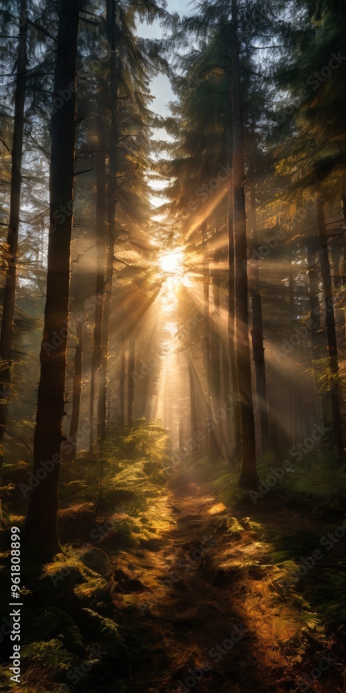 Fototapeta premium forest with sun shining through the trees