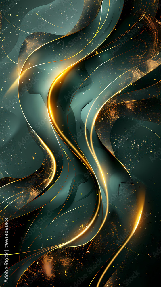 Naklejka premium Luxury invitation card background vector. Golden elegant geometric shape, gold lines gradient on green background.