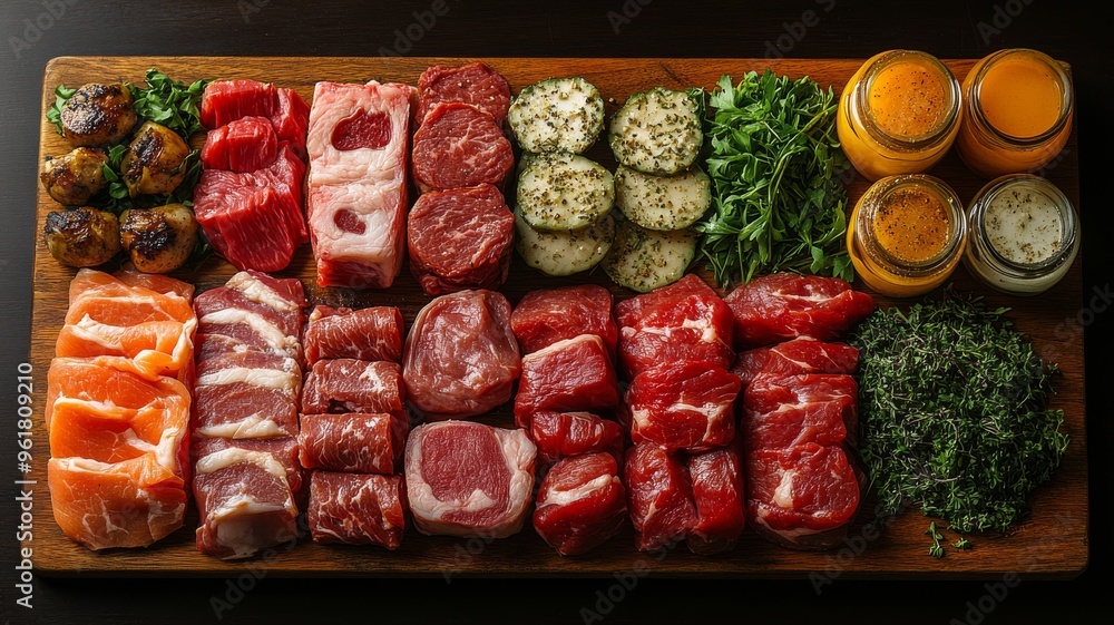 Flat-lay composition of various meats arranged on a butcher's block, including beef, pork, chicken, and lamb cuts, all neatly displayed with a few herbs for color Flat-lay composition of various meats arranged on a butcher's block, including beef, pork, chicken, and lamb cuts, all neatly displayed with a few herbs for color