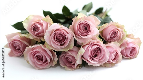 Elegant pink roses arranged in a bouquet, with their rich, pastel hues and fine petals displayed against a clean, white background.