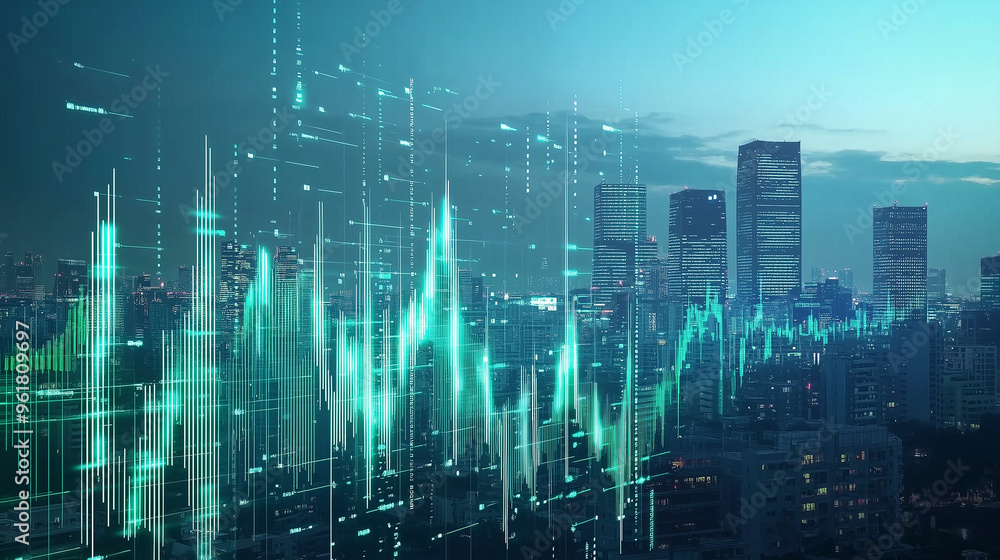 Fototapeta premium AFY Crew Success Story: Rising Stock Market Graph with Digital Data and Urban Skyline