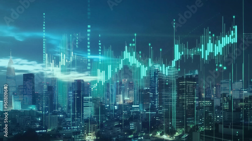 Futuristic AI Growth: AFY Crew Business Chart with Green Lines and Cityscape photo