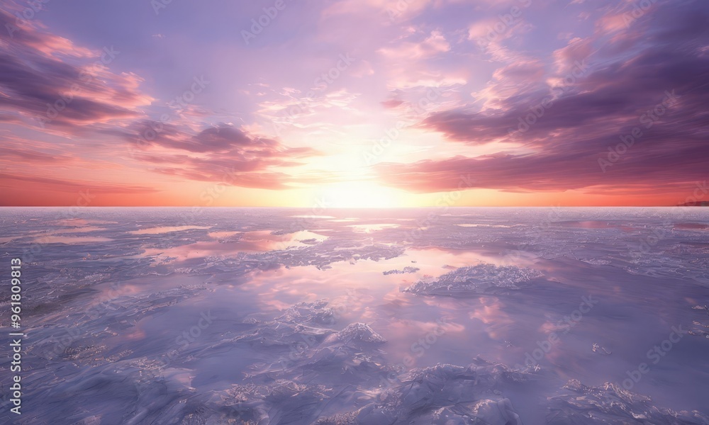 sunset over frozen lake with bright sky sunset over frozen lake with bright sky