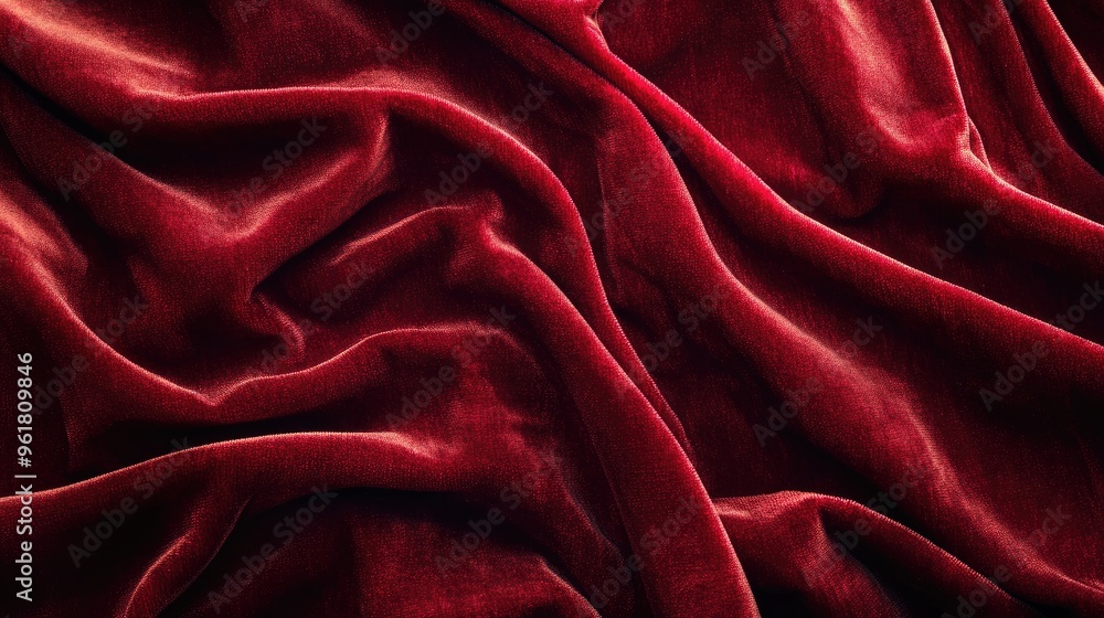 Elegant red velvet fabric draped gracefully, showcasing its smooth texture and deep color in a luxurious, close-up shot. Elegant red velvet fabric draped gracefully, showcasing its smooth texture and deep color in a luxurious, close-up shot.