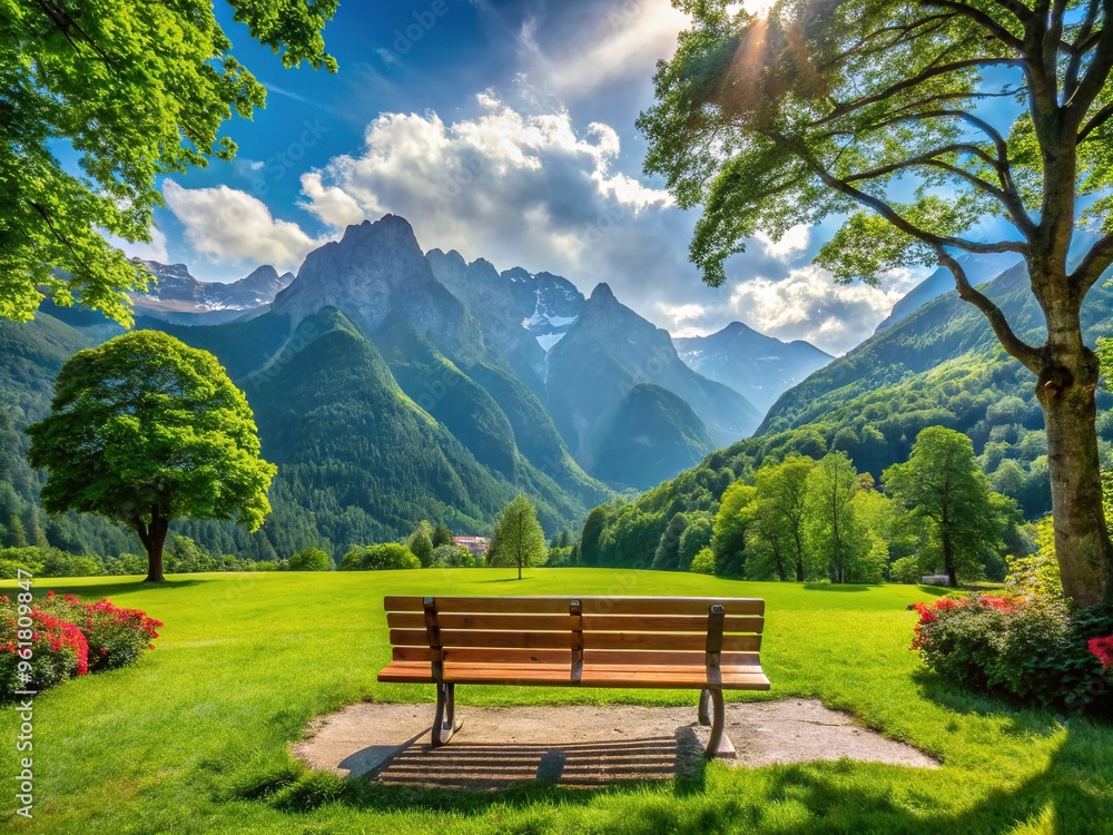 A serene bench immerses you in tranquility, surrounded by verdant foliage and majestic mountain peaks, bathed in the warmth of idyllic summer sunlight. A serene bench immerses you in tranquility, surrounded by verdant foliage and majestic mountain peaks, bathed in the warmth of idyllic summer sunlight.
