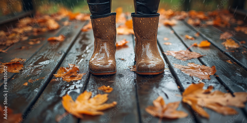 Close-up of muddy hiking boots standing on a leaf-covered trail in a forest during autumn, surrounded by wet fallen leaves.
Close-up of muddy hiking boots standing on a leaf-covered trail in a forest during autumn, surrounded by wet fallen leaves.