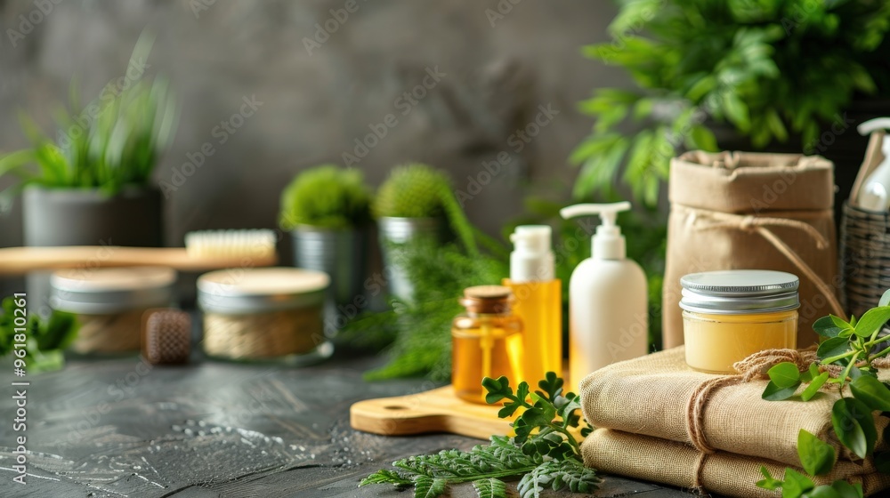 A close-up of an eco-friendly travel kit including biodegradable toiletries and reusable containers, with a clean background and plenty of copy space for tips on sustainable packing. A close-up of an eco-friendly travel kit including biodegradable toiletries and reusable containers, with a clean background and plenty of copy space for tips on sustainable packing.