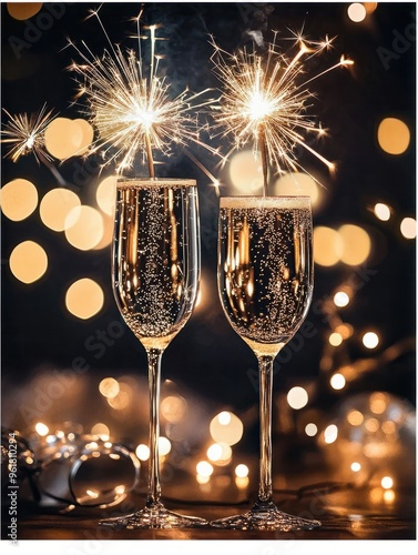 Sylvester New Year, New Year's Eve 2025 party event celebration holiday greeting card - Closeup of sparkling sparklers and bokeh lights in the background.. photo