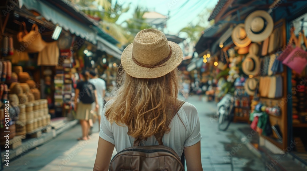 A serene image of a traveler exploring a local market and purchasing sustainable souvenirs, with a clean background and plenty of copy space for tips on supporting local economies and eco-friendly A serene image of a traveler exploring a local market and purchasing sustainable souvenirs, with a clean background and plenty of copy space for tips on supporting local economies and eco-friendly