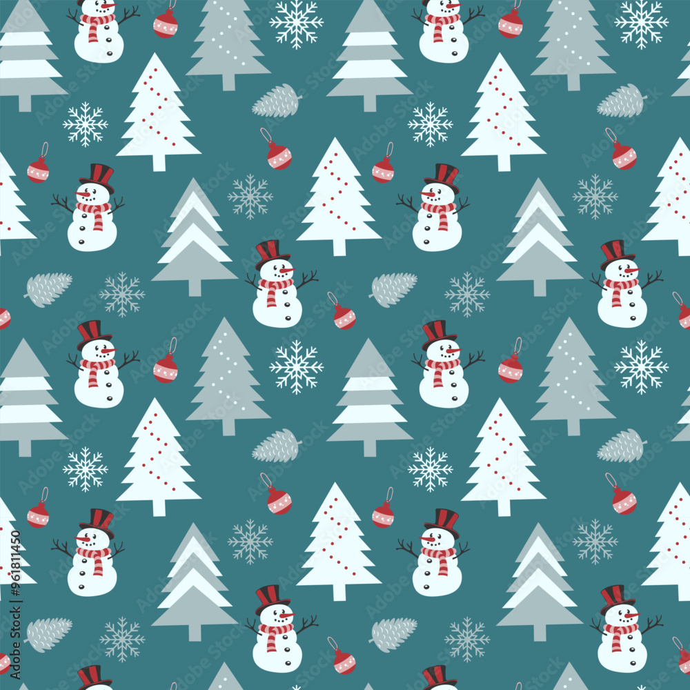Christmas pattern Simple vector seamless pattern for gift wrapping with snowman, Christmas tree, snowflakes and toy  Print for wrapping paper, Christmas cards, scrapbooking