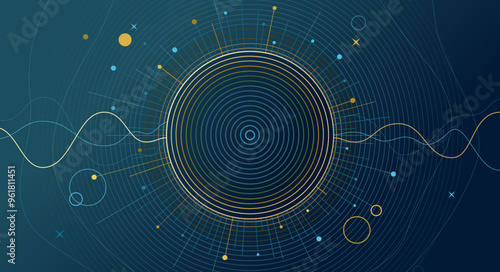 Abstract, minimal, wire, outline shapes of the solar system, sun and planets, galaxy space universe decoration background view, desktop wallpaper, illustration, stars in outer space, vibrating waves