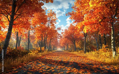 A serene autumn pathway adorned with vibrant orange leaves under a clear blue sky, inviting peaceful moments in nature.