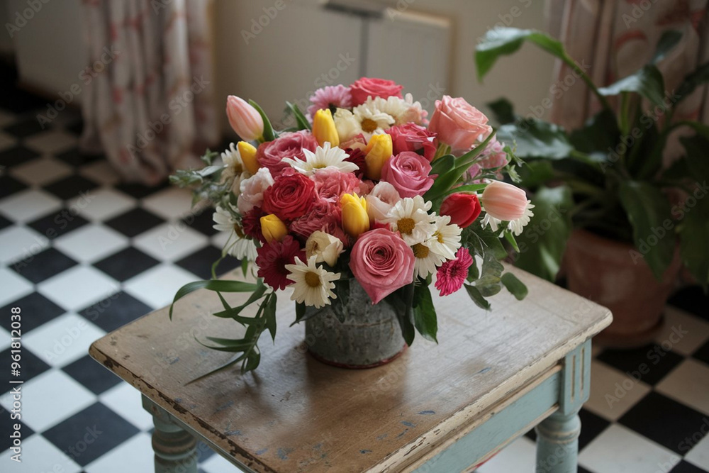 Obraz premium Elegant Flower Bouquet Arranged on Rustic Wooden Table, Showcasing Natural Beauty