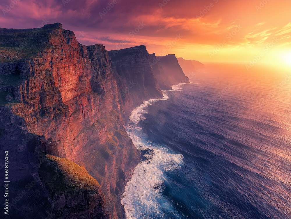 Fototapeta premium Breathtaking Aerial Shot of Dramatic Coastal Cliffs at Sunset
