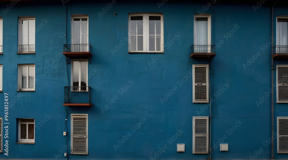 Fototapeta premium Viele Klimaanlagen an einer blauen Hauswand Panoramafo.generative.ai